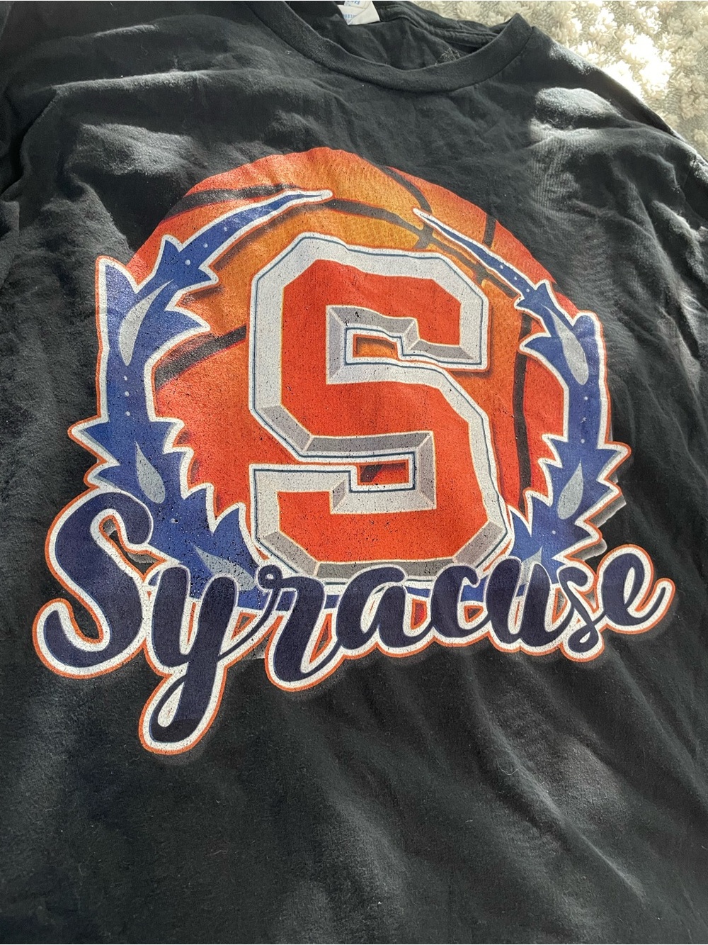 Port and Company Black Syracuse Long Sleeve Tee with Orange and Blue Graphic